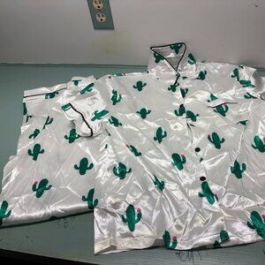 womens 2 piece PJ set, long pants & short sleeve shirt CACTUS PRINT size small